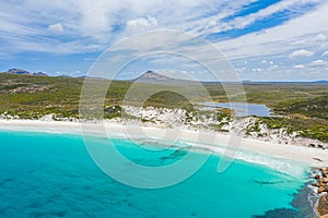 Aerial view of Hellfire bay near Esperance viewed during a cloudy day, Australia