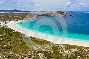 Aerial view of Hellfire bay near Esperance viewed during a cloudy day, Australia