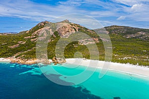 Aerial view of Hellfire bay near Esperance viewed during a cloudy day, Australia