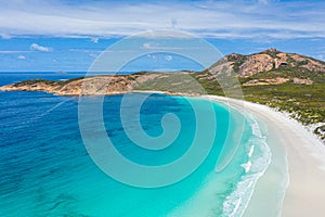 Aerial view of Hellfire bay near Esperance viewed during a cloudy day, Australia