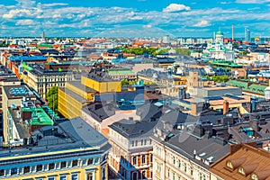 Aerial view of Helsinki with colorful historical buildings and the Cathedral, Finland