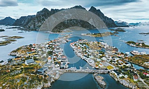 Aerial view of Henningsvaer village in Norway Lofoten islands famous travel destinations photo