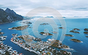 Aerial view of Henningsvaer village in Norway Lofoten islands travel destinations