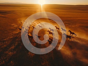 Aerial view, herd of wild horses running across field