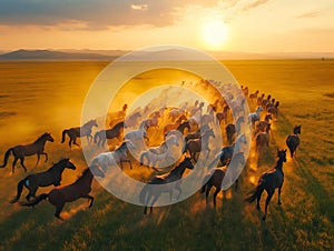 Aerial view, herd of wild horses running across field