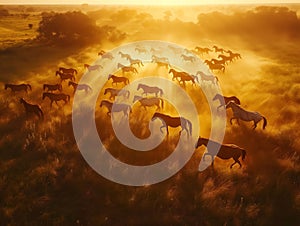 Aerial view, herd of wild horses running across field