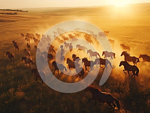 Aerial view, herd of wild horses running across field