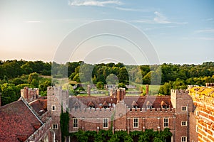 Aerial view of Herstmonceux, East Sussex, England. Brick Herstmonceux castle in England East Sussex 15th century. View of a