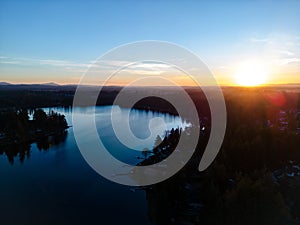 Aerial view of Hicks Lake at sunset. Washington State, USA. photo