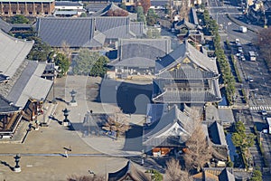 Aerial view of Higashi Honganji and Kyoto downtown cityscape