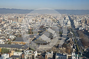 Aerial view of Higashi Honganji and Kyoto downtown cityscape