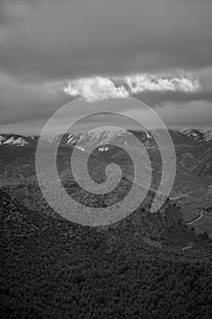Aerial view of  the High Atlas Mountains. Black and white landscape. Morocco, Northern Africa.