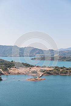 Aerial view of High Island Reservoir, Pavilion in the middle of water, National Geo Park in Hong Kong