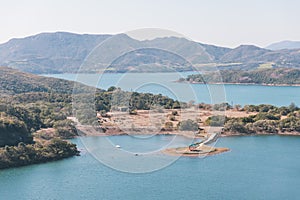 Aerial view of High Island Reservoir, Pavilion in the middle of water, National Geo Park in Hong Kong