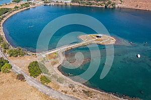 Aerial view of High Island Reservoir, Pavilion in the middle of water, National Geo Park in Hong Kong