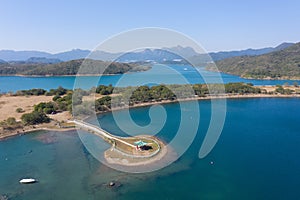 Aerial view of High Island Reservoir, Pavilion in the middle of water, National Geo Park in Hong Kong