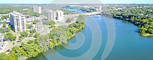 Aerial view high-rise condo buildings along Colorado River near