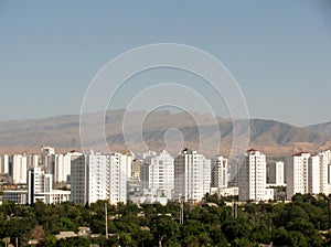 Aerial view of Ashgabat and Kopet Dag mountain range. Turkmenistan