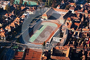 Aerial view of high school track and arena