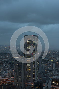 Aerial view of high skyscraper and Tokyo cityscape at blue hour