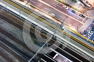Aerial view of high-speed train motion blur rapid with traffic