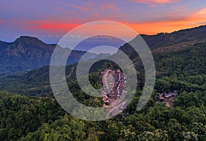 Aerial view of high thatch-roofed houses of traditional Bena village, Flores, Indonesia