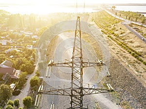 Aerial view of high voltage electric power lines pylon tower d