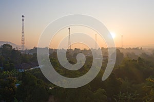 Aerial view of high voltage poles. Power lines on utility tower and cable wires in energy electric technology, network, and