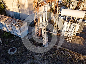 Aerial view of high voltage power distribution substation. Electricity power substation plant. Transformer