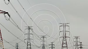 Aerial view of High voltage power line on industrial electricity line tower