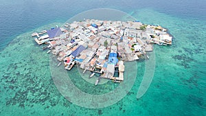 Aerial view of a highly over populated island in Santa Cruz del Islote, Colombia