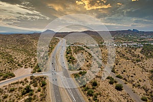 Aerial view highway across the arid desert Arizona mountains adventure traveling desert road near Fountain Hills small