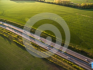 Aerial view of a highway amid fields