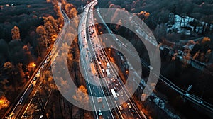 Aerial view of the highway with cars and traffic in the evening, traffic jam, top view