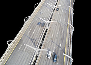 Aerial view of highway in city isolated on black background. Cars crossing interchange overpass. Highway interchange with traffic.