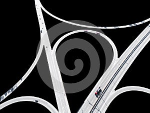 Aerial view of highway in city isolated on black background. Cars crossing interchange overpass. Highway interchange with traffic.