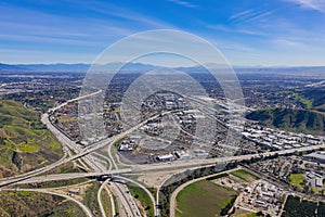 Aerial view of highway and cityscape of Pomona