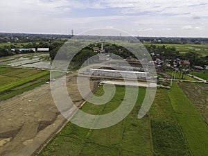 Aerial view of highway construction in Klaten Indonesia. Toll Solo Yogyakarta project