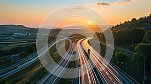 Aerial view of a highway at dawn, evening.