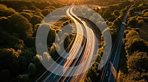 Aerial view of a highway at dawn, evening.