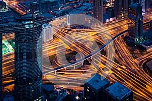 Aerial view of highway interchange in Dubai at night