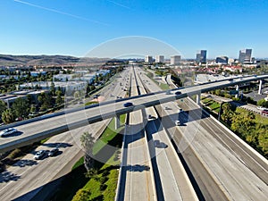Aerial view of highway interchange and junction in California.