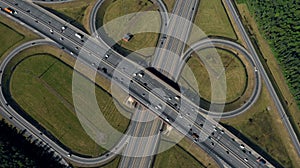 Aerial view of highway interchange. Road junction. Aerial view.