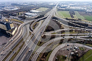 Aerial view of a highway intersection with a clover-leaf interchange Germany Koblenz