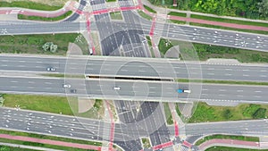 Aerial view of highway junction with traffic.