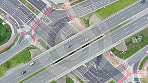 Aerial view of highway junction with traffic i