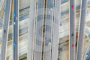 Aerial view of highway junctions Top view of Urban city, Bangkok at day, Thailand photo
