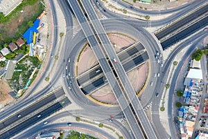 Aerial view of highway junctions Top view of Urban city, Bangkok, Thailand photo