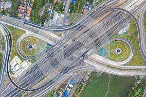 Aerial view of highway junctions Top view of Urban city, Bangkok, Thailand photo