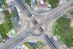 Aerial view of highway junctions Top view of Urban city, Bangkok, Thailand photo